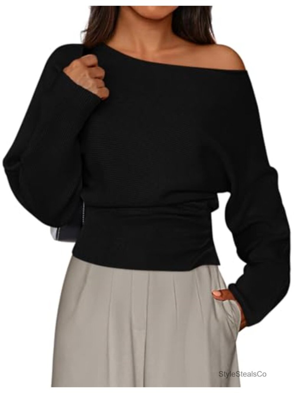 Off Shoulder Ribbed Knit Pullover Sweater Long Sleeve Fitted Waist Fall